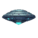 A pixelated flying saucer with grey and blue metallic hull, glowing cyan lights underneath, and small red accents on top, hovering in blackness.