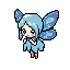 An ice pixie with large blue eyes, pale blue hair, and translucent, shimmering wings, holding her hands near her chest.