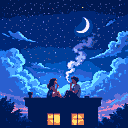 Pixel Art: A couple of friends smoking (generated with AI by Alouka).