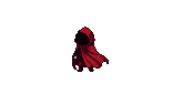 A hooded, solitary figure in a billowing red cape stands against a black background.