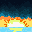 Vibrant pixel art sunset over calm water, with a fiery orange and yellow sky transitioning to deep blue above. A bright sun reflects on the tranquil blue and yellow water.