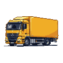 Bright yellow lorry with a large cargo box and visible wheels.