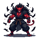Crimson-skinned demon with black hair and horns, snarling with glowing eyes, surrounded by dark energy tendrils.