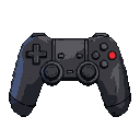 A dark gray pixel art video game controller with a red button, on a black background.