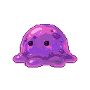 A rounded, amorphous purple and pink slime monster with two small dark eyes, its lower body dissolving into liquid tendrils.