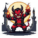 Mischievous red demon with glowing eyes and horns, wearing a leather vest and boots, with flames erupting from its fists. A pixelated moon hangs behind gothic castle towers.