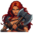 Pixel Art: beautiful female barbarian with axe close-up portrait, vivid...