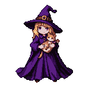 Young witch in a purple robe and pointed hat holding a light brown cat.