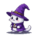 Chibi white cat wizard in purple robe and hat.