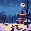 Snow-laden mansion silhouetted against a starry twilight sky with a full moon. Streetlights and mansion windows cast warm light and long shadows on a snow-covered path. Bare trees frame the scene.