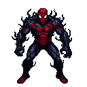 A menacing Spider-Man and Venom hybrid figure with black symbiote tendrils flowing around its red and black suit, its white eyes piercing the darkness.