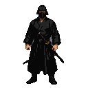A cloaked samurai warrior stands ready, masked and with a katana at their hip, against a black background.