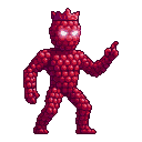 Regal figure made of red raspberries with a raspberry crown and glowing white eyes, one arm raised pointing forward against a black background.