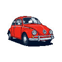 A vibrant red Volkswagen Fusca with chrome bumper and round headlights, angled slightly against a black background.