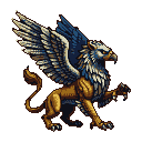 A golden and brown griffon with spread wings and an eagle's head, mid-stride.