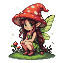 Forest fairy with a red and white spotted mushroom cap, green eyes, auburn hair, and leaf-like wings, crouching on mossy ground with small mushrooms.