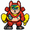 Stout anthropomorphic fox character in a red hooded outfit with large yellow boxing gloves and a green mask.