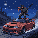 Pixel Art: Um gtr r34 fazendo drift com um samurai pulando em cima do c...