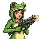 Young woman in a green frog pajama suit holding a triple-blaster weapon with muzzle flashes.