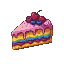 A slice of cake with rainbow-colored layers, dark berry filling, pink frosting, sprinkles, cherries, and blueberries.