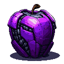 A metallic apple composed of vibrant purple pixelated panels, revealing intricate internal gears and pistons, with a thin brown stem.