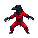 Pixel Art: kung fu humanoid with raven head and claws in red outfit