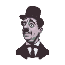 Pixelated portrait of Charlie Chaplin wearing his bowler hat, thin mustache, and suit, with expressive eyes and a bow tie.