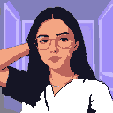 Young woman with black hair, wearing rose-tinted glasses and a dark blue medical uniform, in a pixelated selfie portrait.
