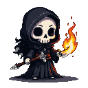 Chibi-style Grim Reaper with a flaming scythe.