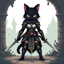 Anthropomorphic cat assassin in sleek black and gold combat attire, wielding dual daggers.