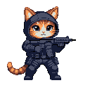 Pixel Art: cat in swat outfit with gun, full body character (generated with AI and edited by sandacz).