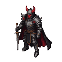 Menacing devil knight in dark, metallic armor with crimson horns, a fiery red face, and a red-lined cape, holding a broadsword.