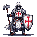 A Templar Knight in gleaming armor and a white tunic with a red cross, holding a spiked mace and a teardrop-shaped shield with a red cross.