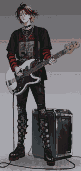 Young musician with red-streaked hair holding a white bass guitar, wearing a choker, red-striped shirt, black t-shirt, strapped black pants, and buckled boots. A dark amplifier is to their right.