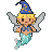Pixelated mermaid pixie with blonde hair, a blue wizard hat with golden flecks, spread silvery wings, and an aqua mermaid tail.