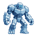 A massive ice golem with glowing cyan eyes, made of jagged, translucent ice blocks.