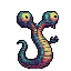 A two-headed serpent creature with teal, yellow, and pinkish-red segmented body and wide, bewildered yellow eyes.