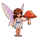 Whimsical pixie with translucent wings, wearing a light blue dress and subtle halo, holding a large red mushroom with white spots.