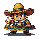 A spirited adventurer, crowned by a grand sombrero, holds a glowing flame aloft, radiating playful confidence and whimsical magic.