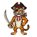 Pixelated tiger pirate wearing a hat, bandana, and scarf, holding a saber, with one paw on its hip.