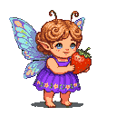 Pixel Art: cute small plump pixie with wings holding strawberry (generated with AI by sandacz).