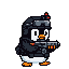 Penguin in tactical gear, wearing a helmet with goggles and a tactical vest, holding a futuristic rifle.