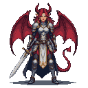 Half-human, half-demon paladin with crimson hair, horns, and large red demon wings, wearing silver and grey plate armor with gold and blue accents, holding a gleaming broadsword.