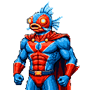 Muscular anthropomorphic fish superhero with blue scales, red mask, glowing orange eyes, and a red cape, standing heroically against a black background.