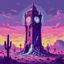 Pixel Art: Melting clock tower in a neon desert (generated with AI by Den).