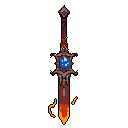 A detailed chiseled flaming sword with a blue sapphire in the middle of ...