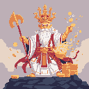 A pixel art deity of wealth, adorned in gold and white, commands prosperity from a rocky peak. He conjures golden coins in one hand and wields a golden axe in the other, radiating divine power.