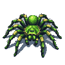 This pixel art features a large, striking tarantula-like spider rendered in vibrant greens and yellows. The detailed sprite, poised and alert, evokes a classic video game monster with a slightly menacing presence.