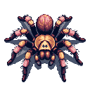 This pixel art image showcases a detailed tarantula, rendered in a rich palette of blues, purples, oranges, and yellows, posed with its legs spread in a ready stance. The contrasting colors and subtle highlights create a surprisingly realistic and slightly ominous depiction of the arachnid.