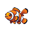 This pixel art depicts a stylized clownfish with vibrant orange and white markings, its slightly downturned mouth and solemn gaze creating a surprisingly introspective feel. The solitary fish, rendered in detailed pixel art, stands out against a stark black background.